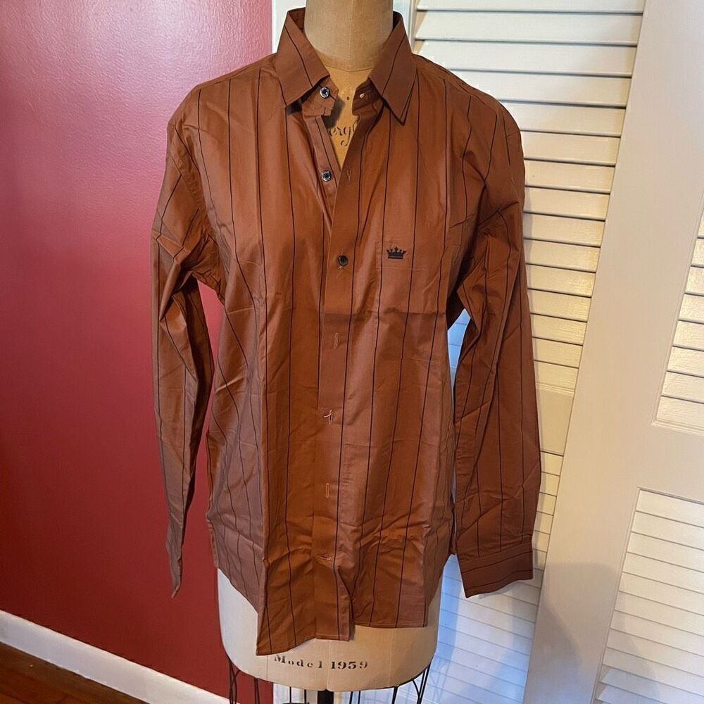 FRENCH CROWN | tan and black button down dress shirt NEW 38